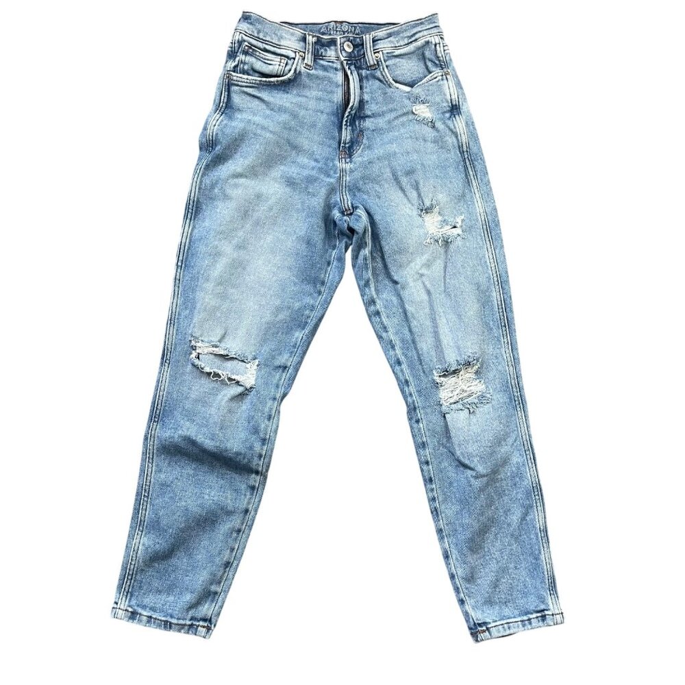 Arizona Highest-Rise Curvy Mom Jeans‎ JUNIORS Size 9 Distressed Light Wash Denim